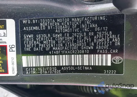 2012 Toyota Camry Le из США, поврежденный, VIN 4T4BF1FK4CR230810